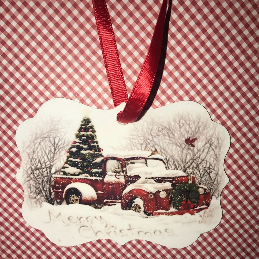2 Vintage Christmas red pick up truck ornament